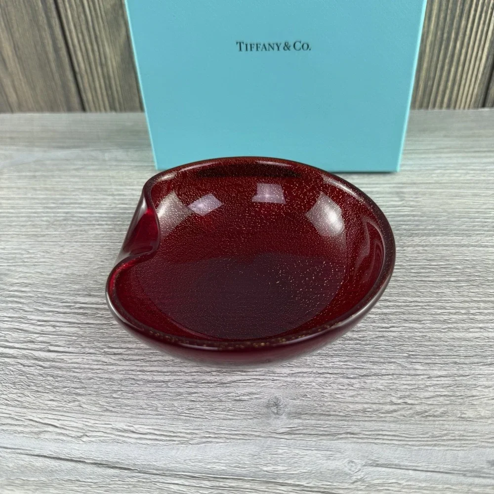 Tiffany & Co Elsa Peretti Thumbprint Dish Red Venetian Glass 24K Gold 5